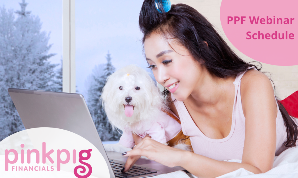 Woman and dog watching a webinar on a laptop